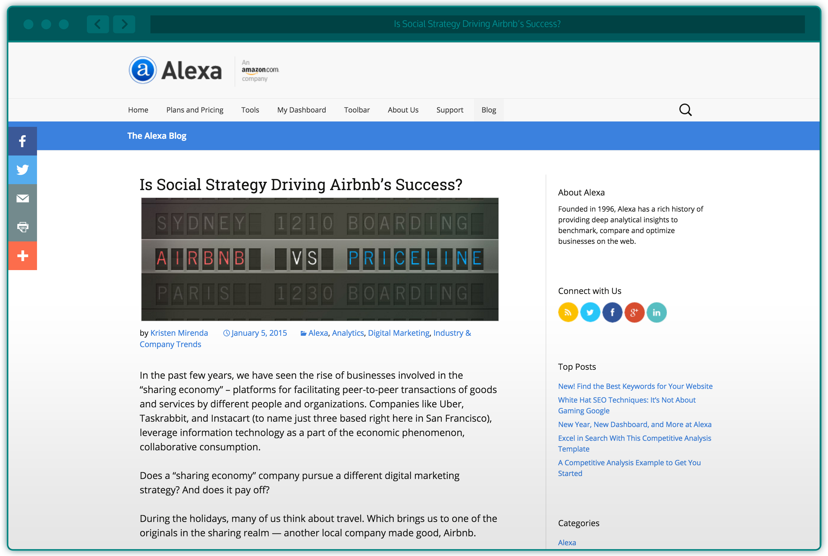 Blog header design for airBnb and Priceline social strategy on the Alexa Blog